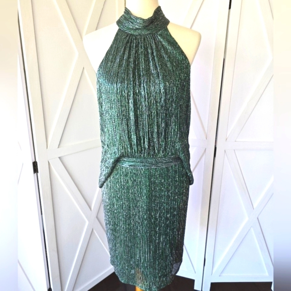Halston Elegant Green "Agave" Mock Neck Sleeveless Dress